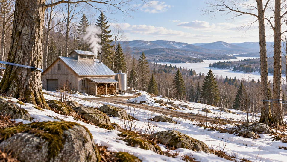 Illustratives Zuckerhaus in einer verschneiten Waldlandschaft