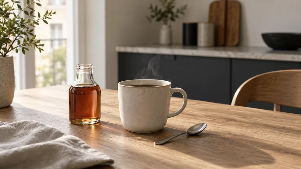 Kaffee und eine Ahornsirupflasche auf einem Küchentisch